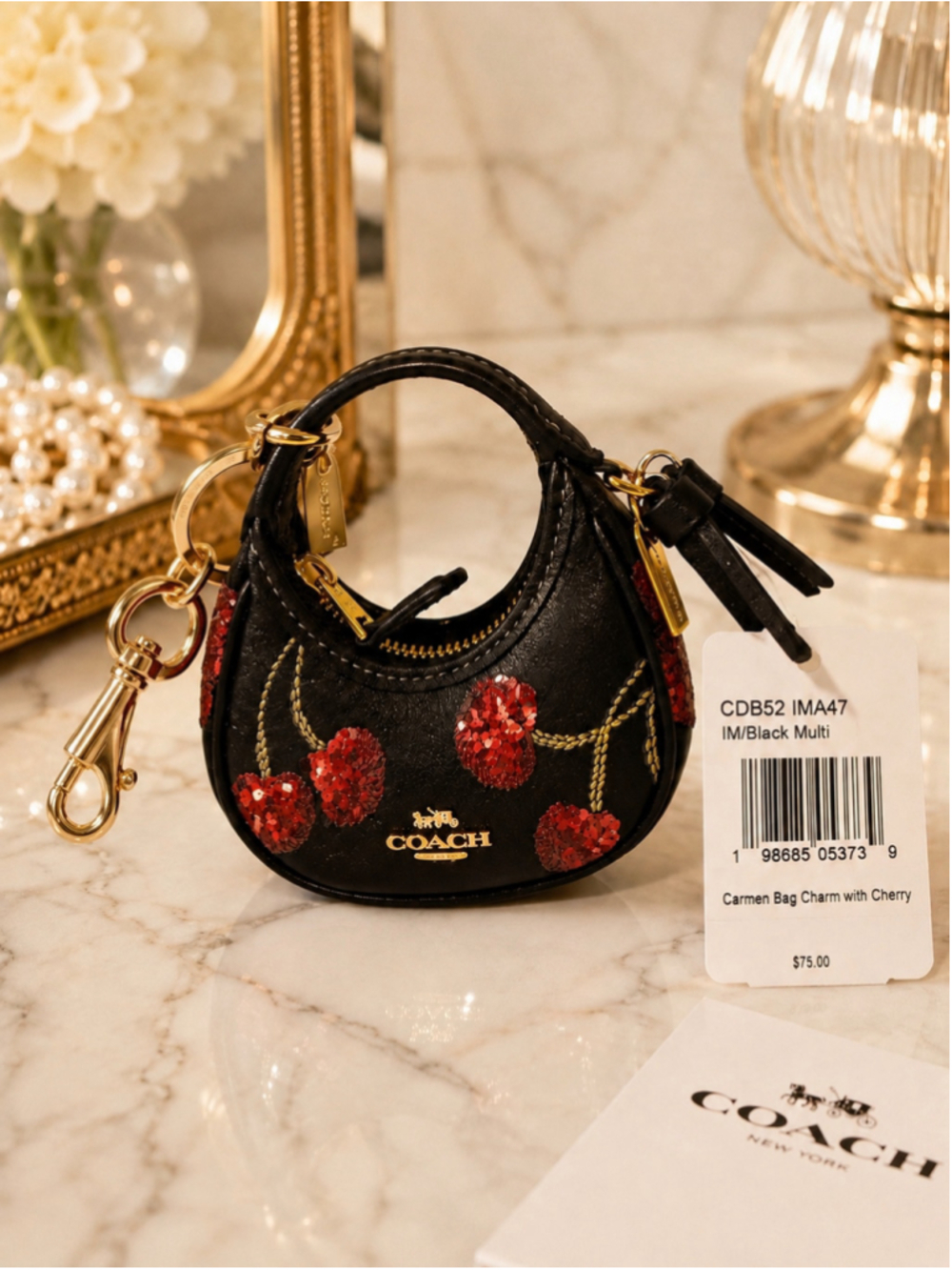 NEW Coach Carmen Mini Bag Charm with Sequin Black Cherry Print Black Multi NWT